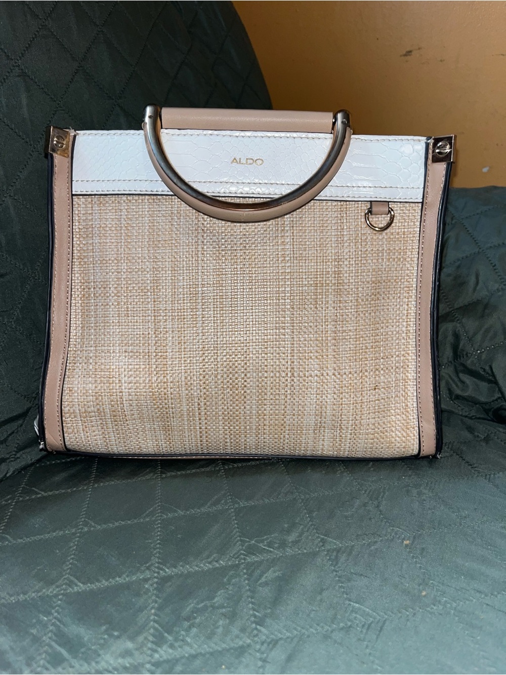 ALDO Beige Woven Tote with White Trim and Gold Handles